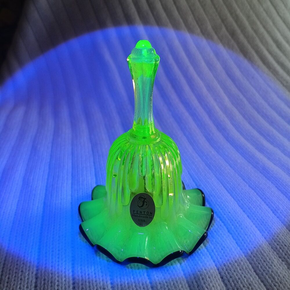 VTG 1980s Fenton Opalescent Uranium Bell Hand Painted Black Crest Bell Signed 4"